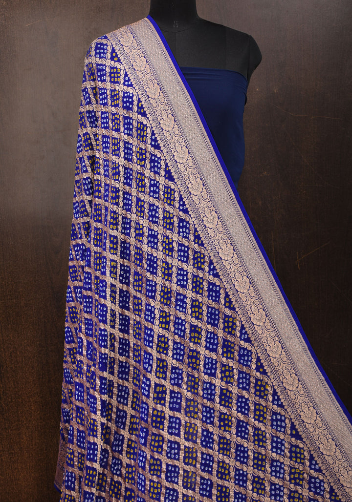 Authentic Bandhej Banarasi Pure Silk Georgette Dupatta with  Gorgeous Jaal Pattern in Blue | SILK MARK CERTIFIED