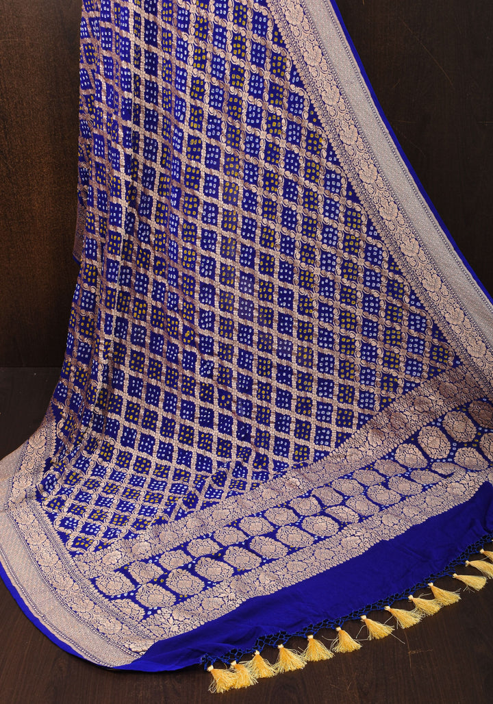 Authentic Bandhej Banarasi Pure Silk Georgette Dupatta with  Gorgeous Jaal Pattern in Blue | SILK MARK CERTIFIED