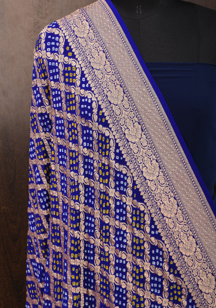 Authentic Bandhej Banarasi Pure Silk Georgette Dupatta with  Gorgeous Jaal Pattern in Blue | SILK MARK CERTIFIED
