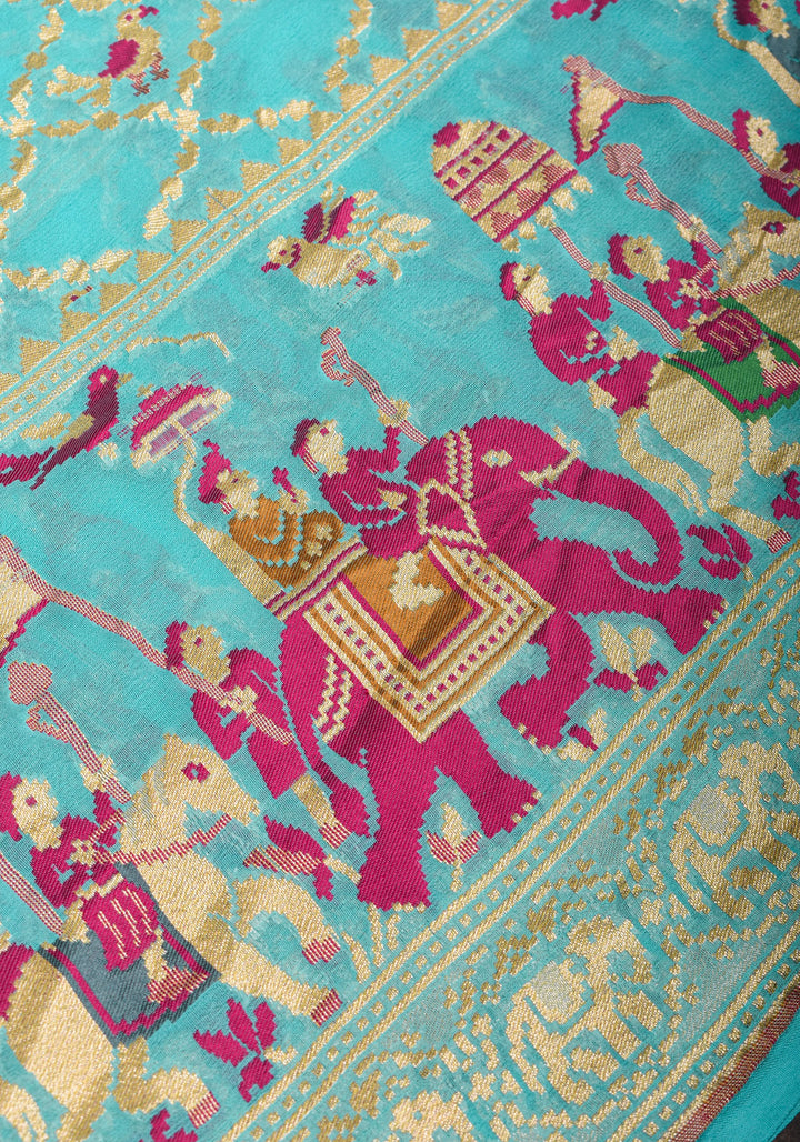 Sea blue Meenakari Pure Silk Georgette Saree with Royal Procession Pattern in Border | SILK MARK CERTIFIED