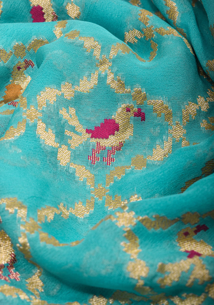 Sea blue Meenakari Pure Silk Georgette Saree with Royal Procession Pattern in Border | SILK MARK CERTIFIED