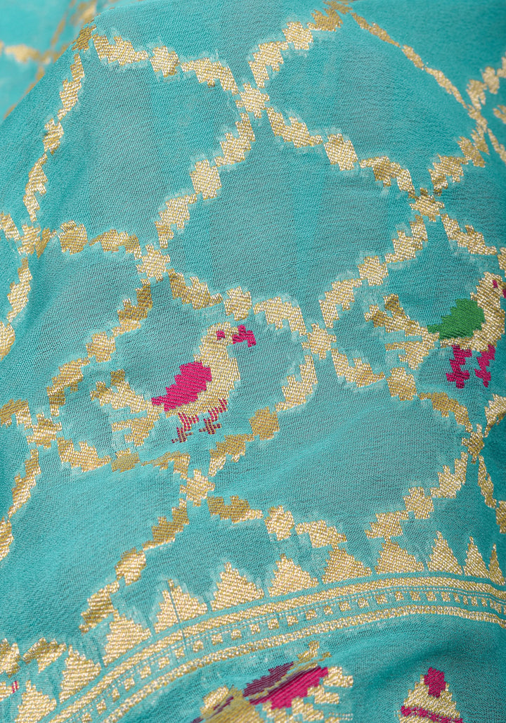 Sea blue Meenakari Pure Silk Georgette Saree with Royal Procession Pattern in Border | SILK MARK CERTIFIED