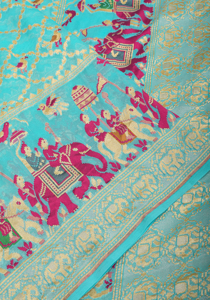 Sea blue Meenakari Pure Silk Georgette Saree with Royal Procession Pattern in Border | SILK MARK CERTIFIED