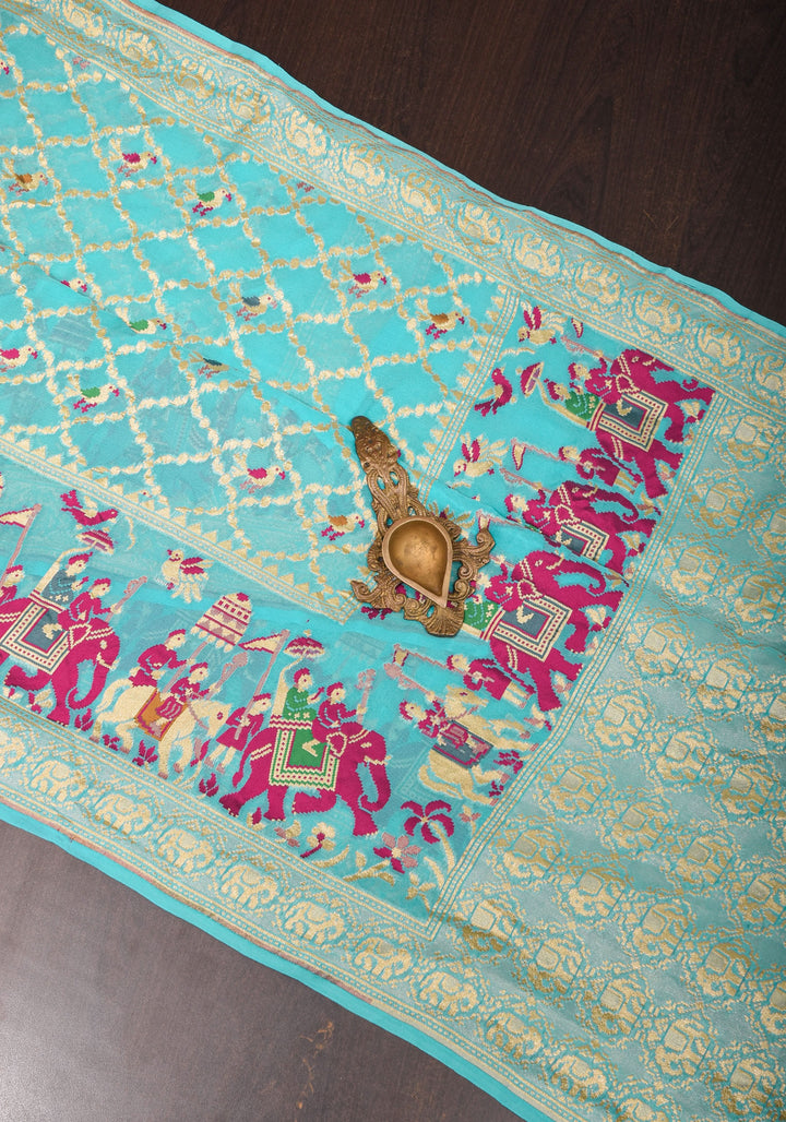 Sea blue Meenakari Pure Silk Georgette Saree with Royal Procession Pattern in Border | SILK MARK CERTIFIED