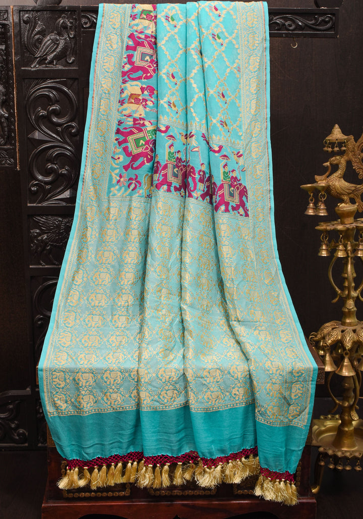 Sea blue Meenakari Pure Silk Georgette Saree with Royal Procession Pattern in Border | SILK MARK CERTIFIED