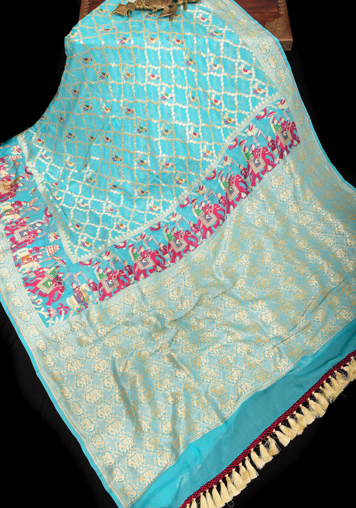 Sea blue Meenakari Pure Silk Georgette Saree with Royal Procession Pattern in Border | SILK MARK CERTIFIED