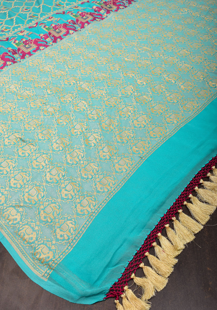 Sea blue Meenakari Pure Silk Georgette Saree with Royal Procession Pattern in Border | SILK MARK CERTIFIED