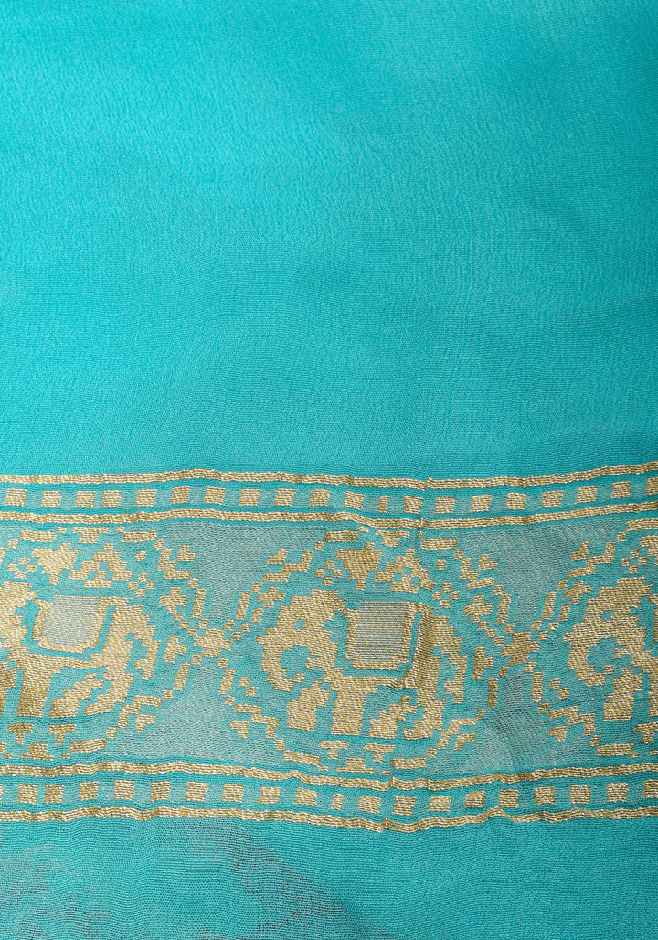 Sea blue Meenakari Pure Silk Georgette Saree with Royal Procession Pattern in Border | SILK MARK CERTIFIED