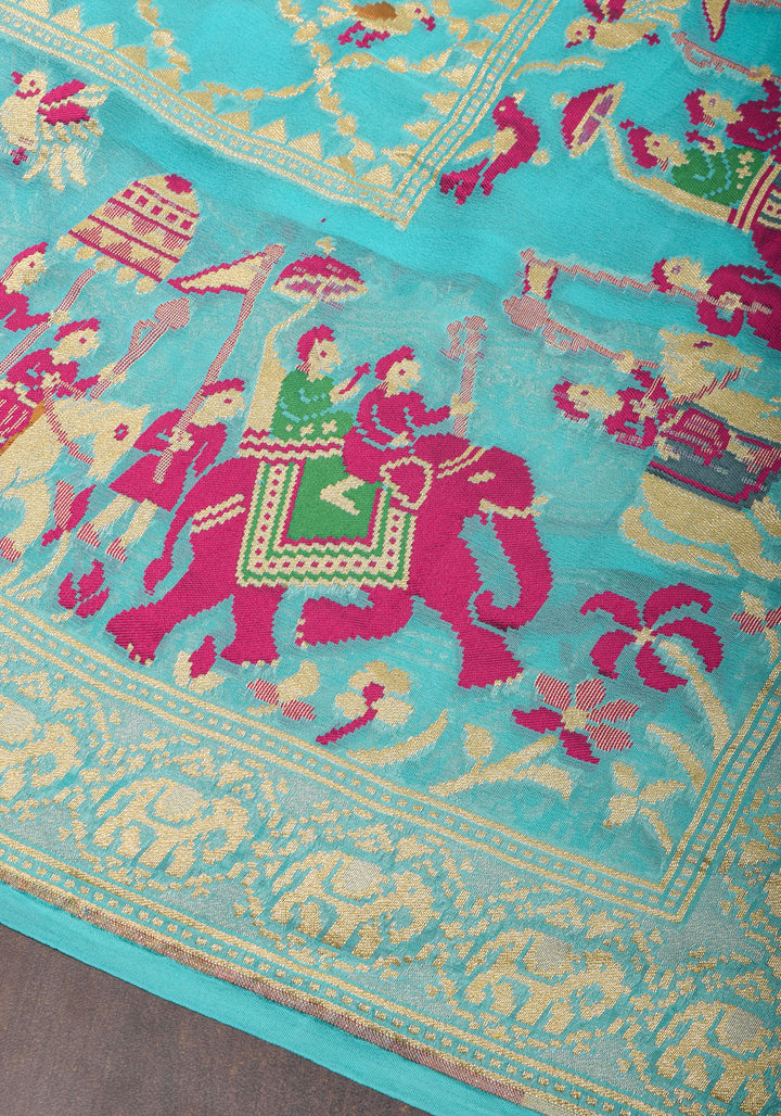 Sea blue Meenakari Pure Silk Georgette Saree with Royal Procession Pattern in Border | SILK MARK CERTIFIED