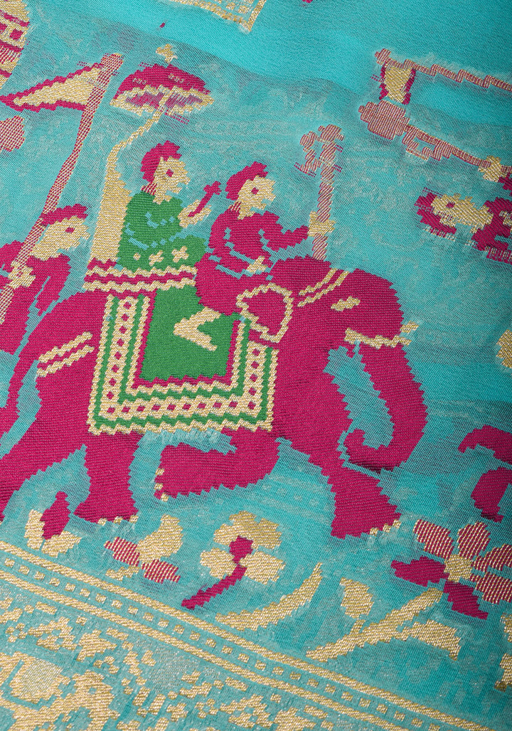 Sea blue Meenakari Pure Silk Georgette Saree with Royal Procession Pattern in Border | SILK MARK CERTIFIED