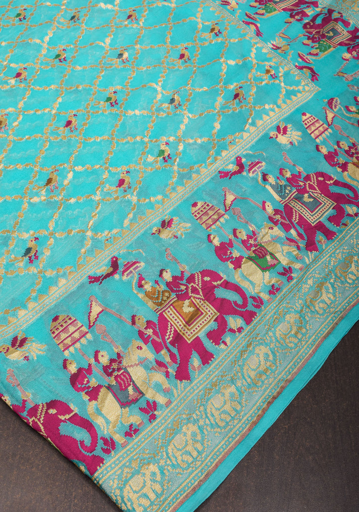 Sea blue Meenakari Pure Silk Georgette Saree with Royal Procession Pattern in Border | SILK MARK CERTIFIED