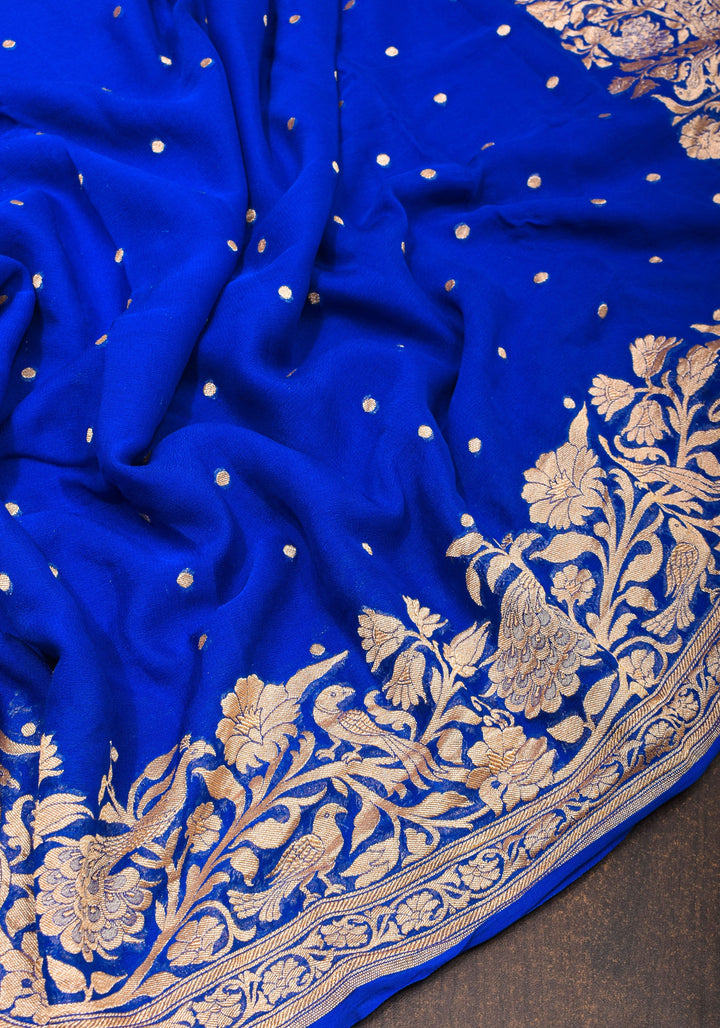 Blue Pure Silk Chiffon Saree with Zari Buttas and Elongated Floral in Pallu | SILK MARK CERTIFIED