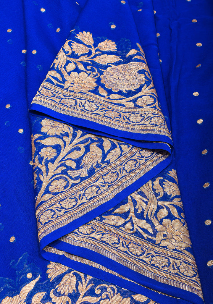 Blue Pure Silk Chiffon Saree with Zari Buttas and Elongated Floral in Pallu | SILK MARK CERTIFIED