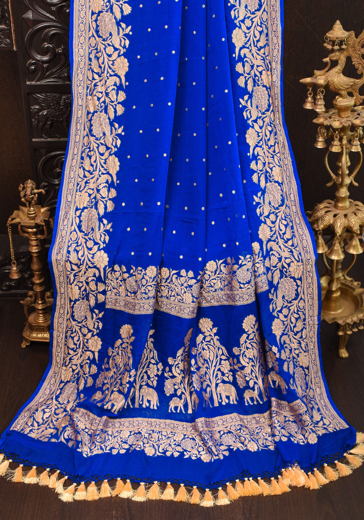 Blue Pure Silk Chiffon Saree with Zari Buttas and Elongated Floral in Pallu | SILK MARK CERTIFIED