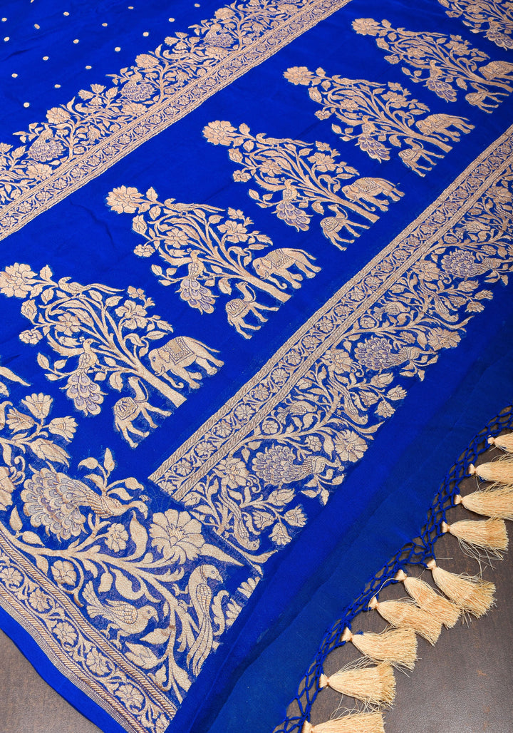 Blue Pure Silk Chiffon Saree with Zari Buttas and Elongated Floral in Pallu | SILK MARK CERTIFIED