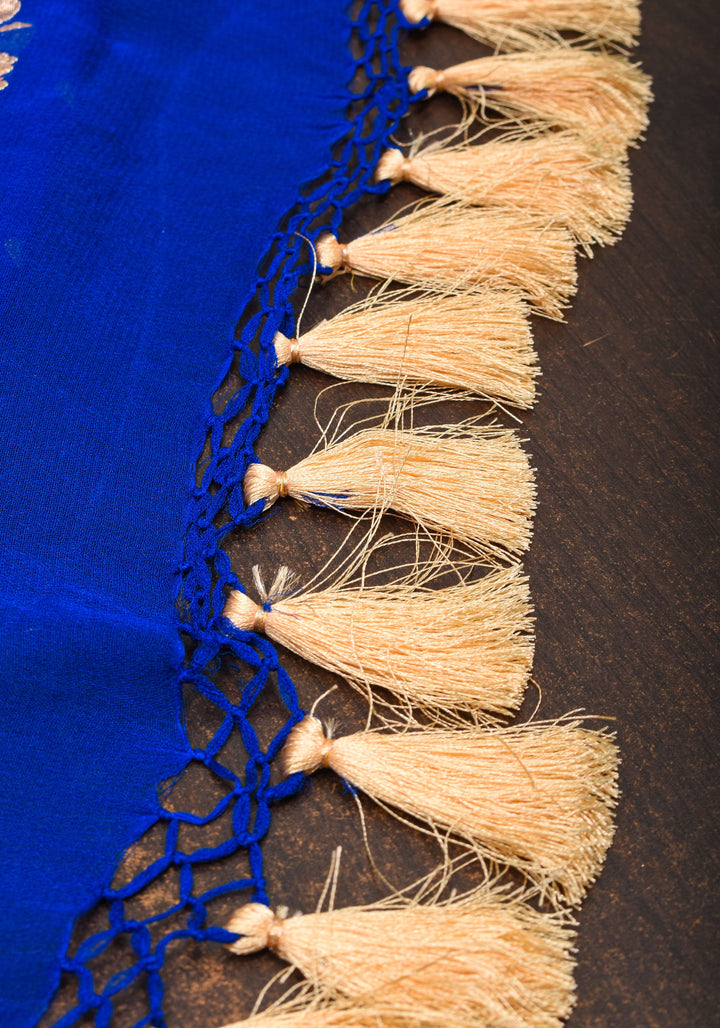 Blue Pure Silk Chiffon Saree with Zari Buttas and Elongated Floral in Pallu | SILK MARK CERTIFIED