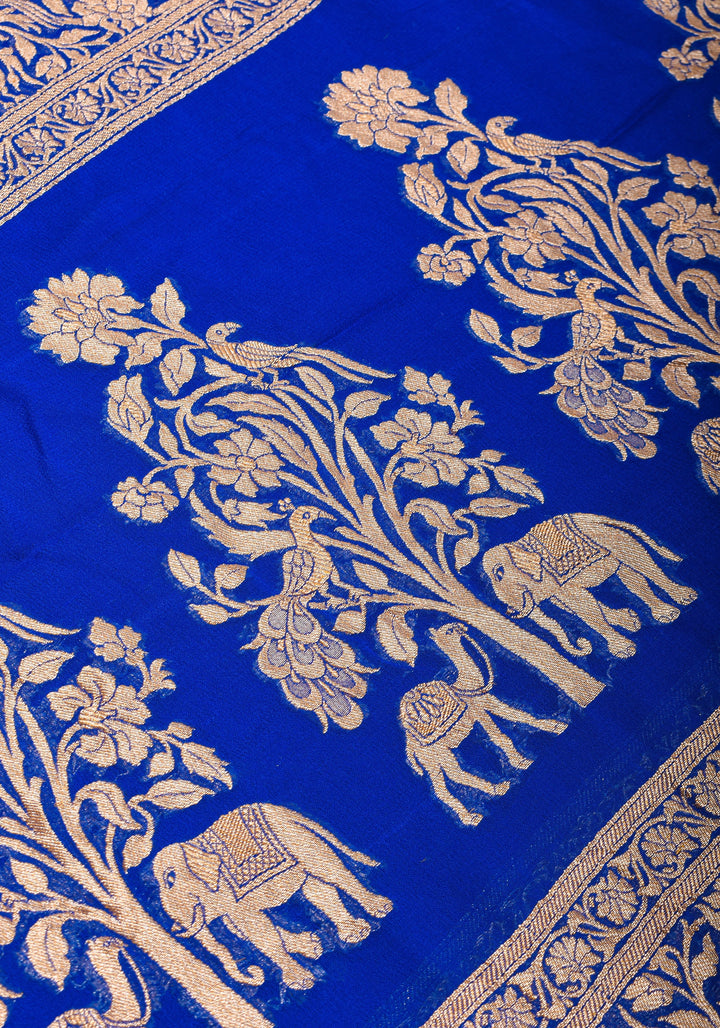 Blue Pure Silk Chiffon Saree with Zari Buttas and Elongated Floral in Pallu | SILK MARK CERTIFIED