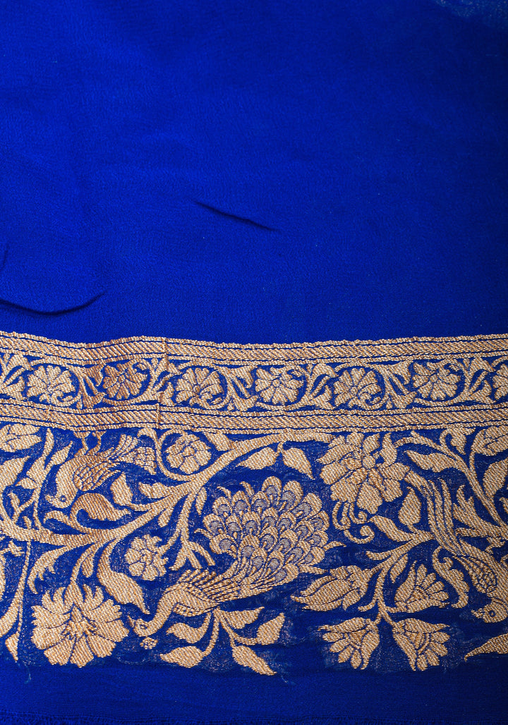Blue Pure Silk Chiffon Saree with Zari Buttas and Elongated Floral in Pallu | SILK MARK CERTIFIED
