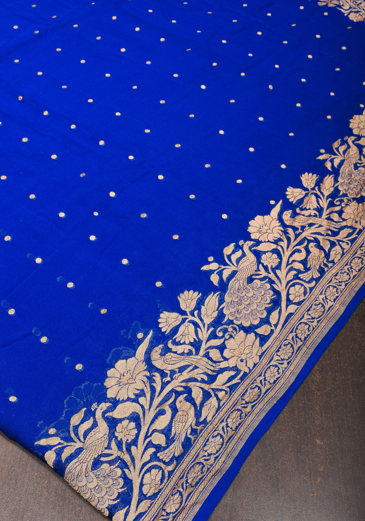 Blue Pure Silk Chiffon Saree with Zari Buttas and Elongated Floral in Pallu | SILK MARK CERTIFIED