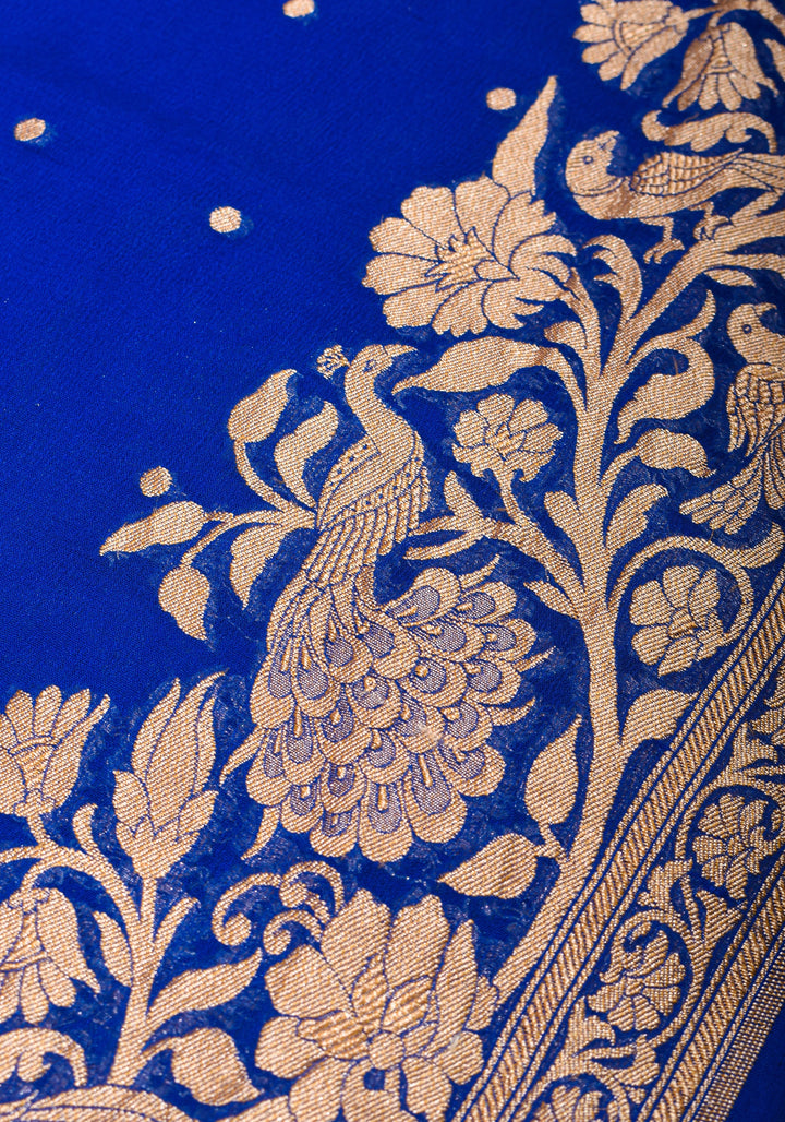 Blue Pure Silk Chiffon Saree with Zari Buttas and Elongated Floral in Pallu | SILK MARK CERTIFIED