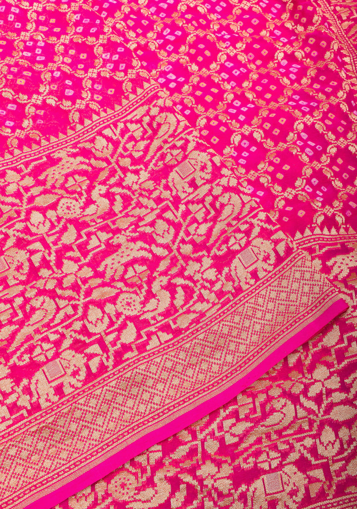 Pink Banarasi Silk Georgette Saree with Authentic Hand Bandhej on Shikaargah skirt border and Jaal Pattern | SILK MARKED CERTIFIED