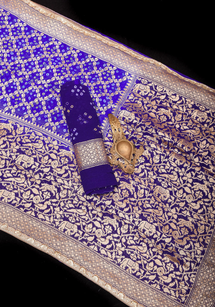 Blue Purple Ombre Authentic Hand Bandhej on Shikaargah Skirt Border Banarasi Silk Georgette Saree with sequin trim| SILK MARKED CERTIFIED
