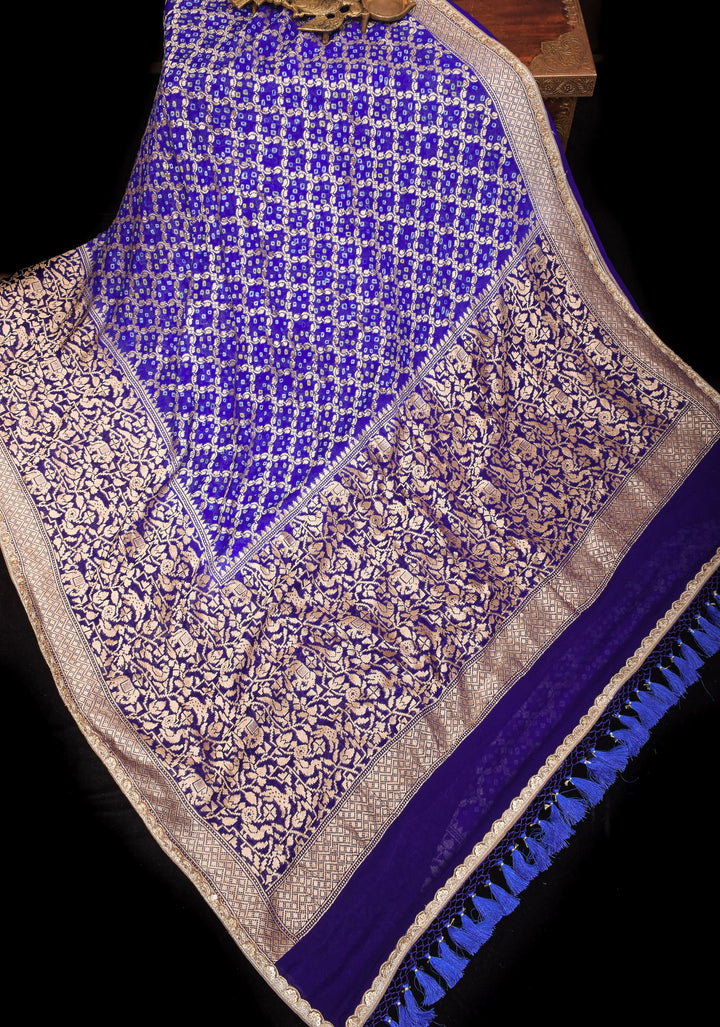 Blue Purple Ombre Authentic Hand Bandhej on Shikaargah Skirt Border Banarasi Silk Georgette Saree with sequin trim| SILK MARKED CERTIFIED