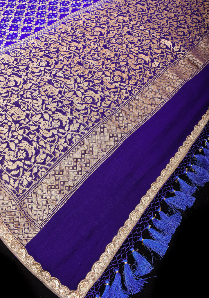 Blue Purple Ombre Authentic Hand Bandhej on Shikaargah Skirt Border Banarasi Silk Georgette Saree with sequin trim| SILK MARKED CERTIFIED