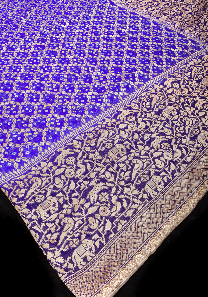 Blue Purple Ombre Authentic Hand Bandhej on Shikaargah Skirt Border Banarasi Silk Georgette Saree with sequin trim| SILK MARKED CERTIFIED