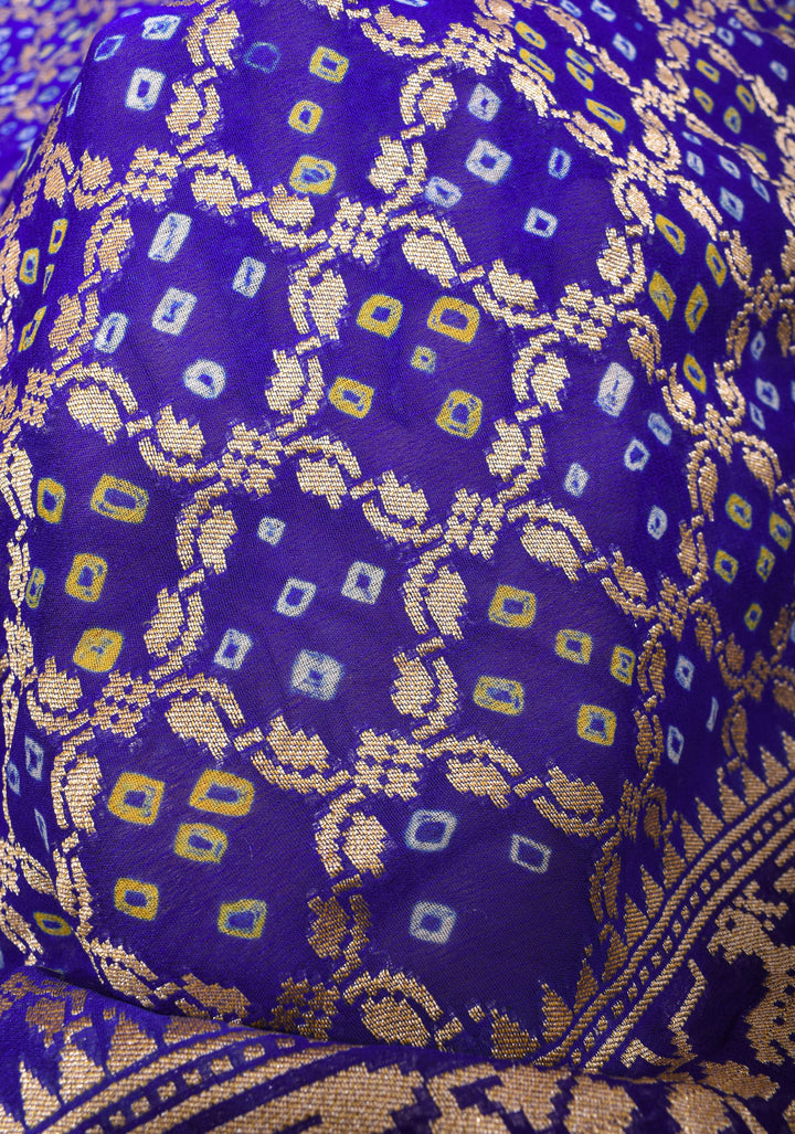 Blue Purple Ombre Authentic Hand Bandhej on Shikaargah Skirt Border Banarasi Silk Georgette Saree with sequin trim| SILK MARKED CERTIFIED