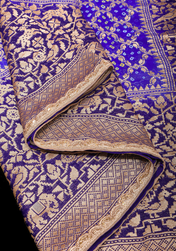 Blue Purple Ombre Authentic Hand Bandhej on Shikaargah Skirt Border Banarasi Silk Georgette Saree with sequin trim| SILK MARKED CERTIFIED