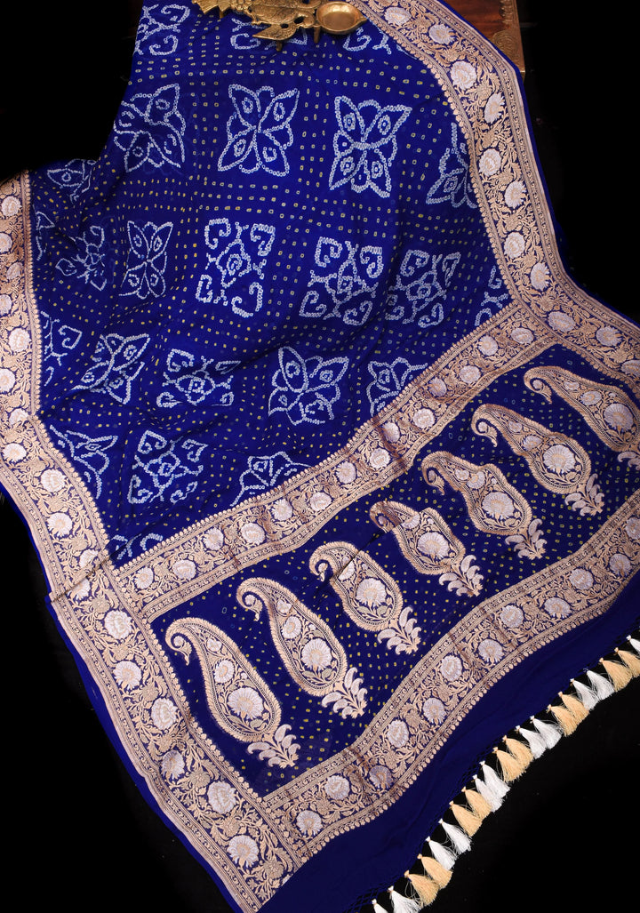 Blue Authentic Sarkam Bandhej Silk Georgette Saree with Alfi Sona Rupa Floral border | SILK MARK CERTIFIED