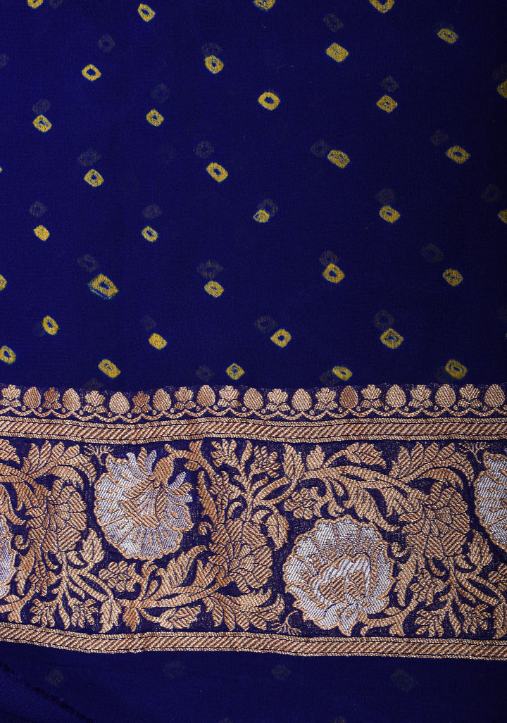 Blue Authentic Sarkam Bandhej Silk Georgette Saree with Alfi Sona Rupa Floral border | SILK MARK CERTIFIED