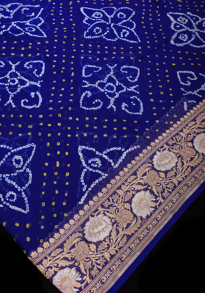 Blue Authentic Sarkam Bandhej Silk Georgette Saree with Alfi Sona Rupa Floral border | SILK MARK CERTIFIED