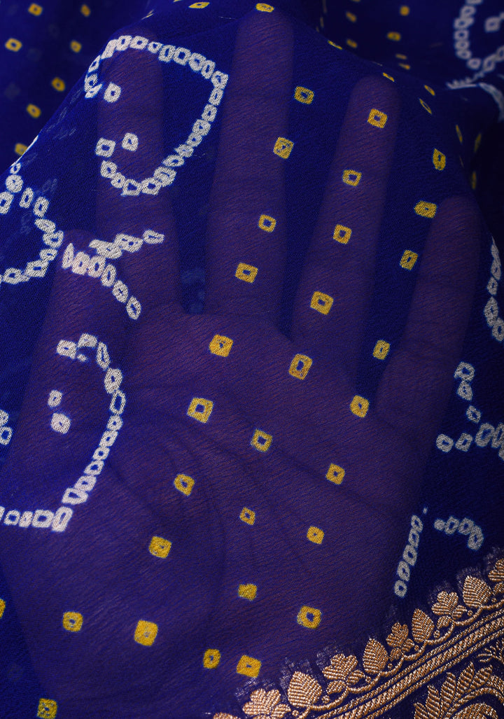 Blue Authentic Sarkam Bandhej Silk Georgette Saree with Alfi Sona Rupa Floral border | SILK MARK CERTIFIED