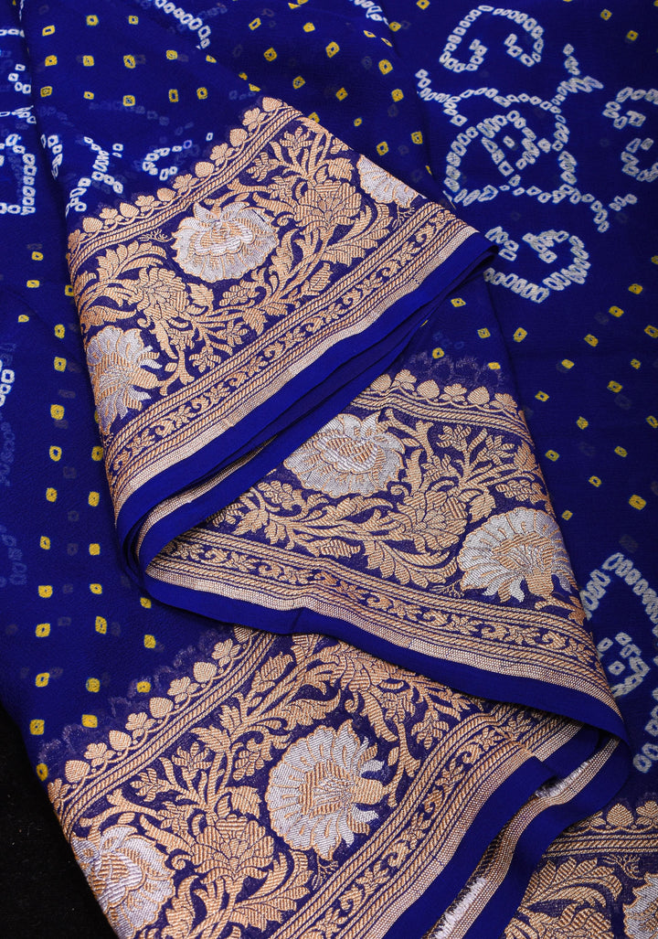 Blue Authentic Sarkam Bandhej Silk Georgette Saree with Alfi Sona Rupa Floral border | SILK MARK CERTIFIED