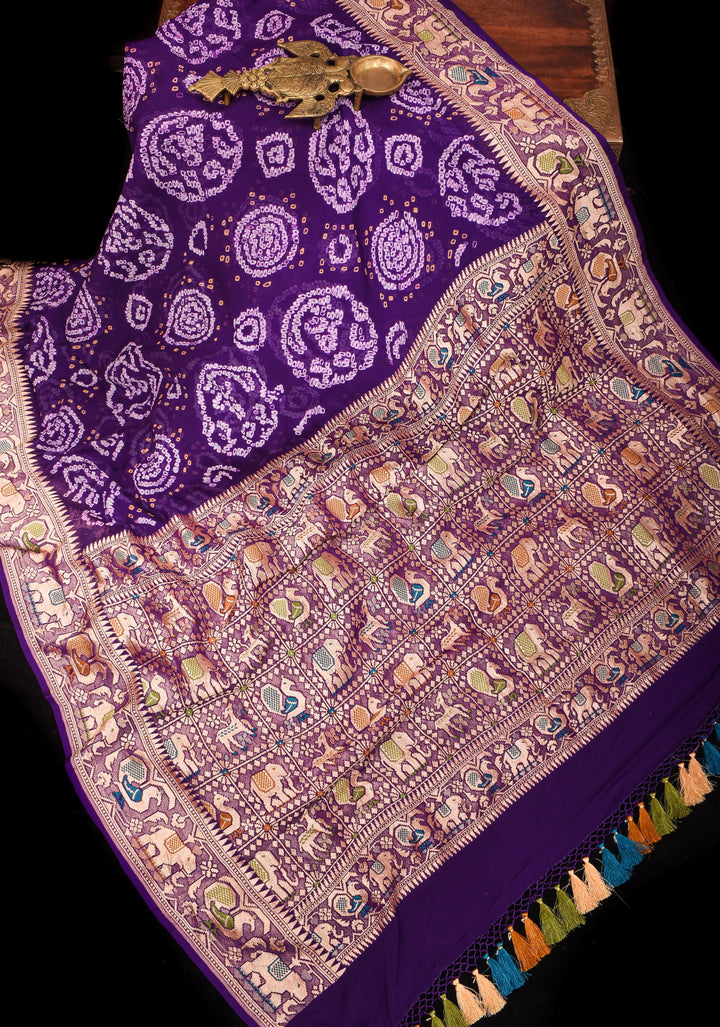 Purple Authentic Sarkam Bandhej Silk Georgette Saree with Shikargah meenakari  border | SILK MARK CERTIFIED