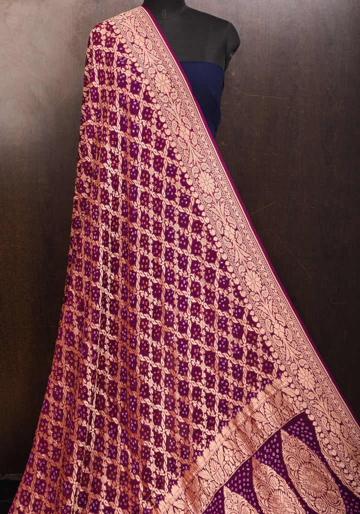 Dupatta : Purple Bandhej Banarasi Silk Georgette Dupatta  with floral Jaal | SILK MARK CERTIFIED