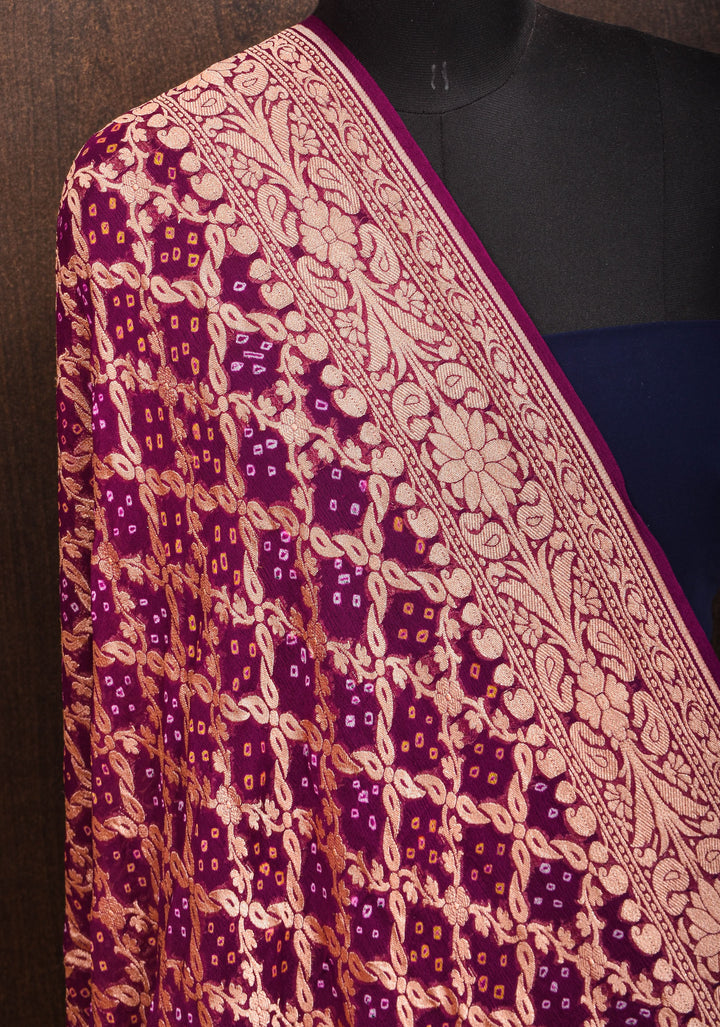 Dupatta : Purple Bandhej Banarasi Silk Georgette Dupatta  with floral Jaal | SILK MARK CERTIFIED