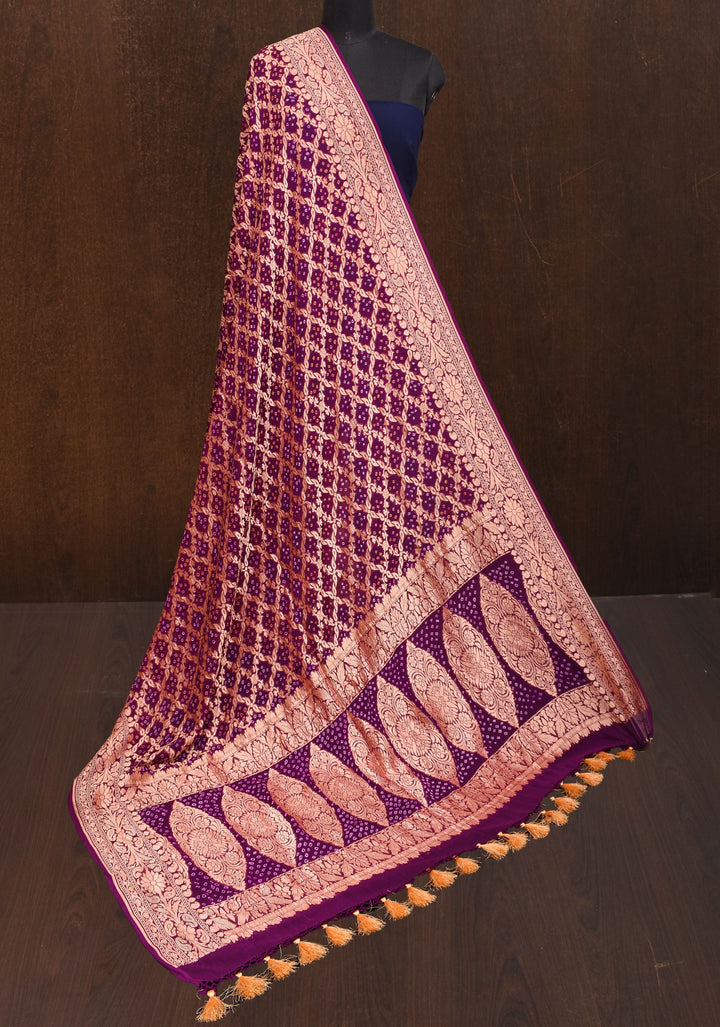 Dupatta : Purple Bandhej Banarasi Silk Georgette Dupatta  with floral Jaal | SILK MARK CERTIFIED