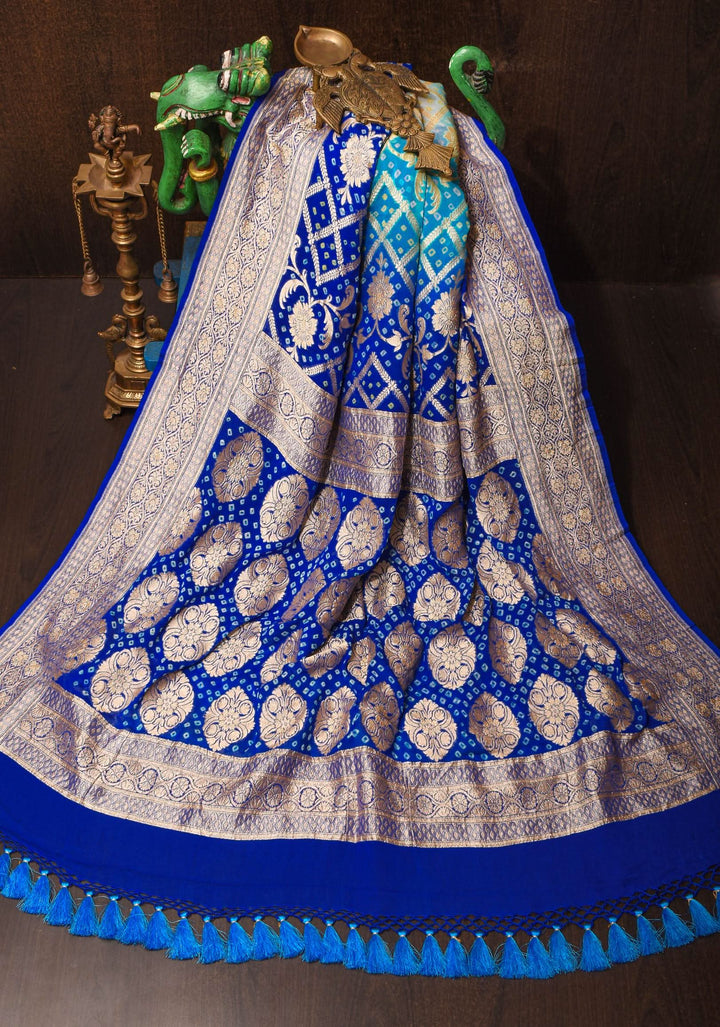 Shades of Blue and Beige ombre Georgette Pure Banarasi silk Saree | SILK MARK CERTIFIED