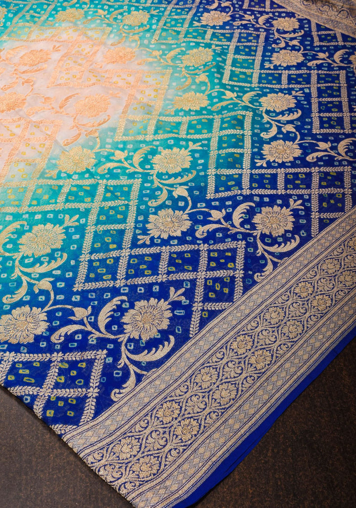 Shades of Blue and Beige ombre Georgette Pure Banarasi silk Saree | SILK MARK CERTIFIED