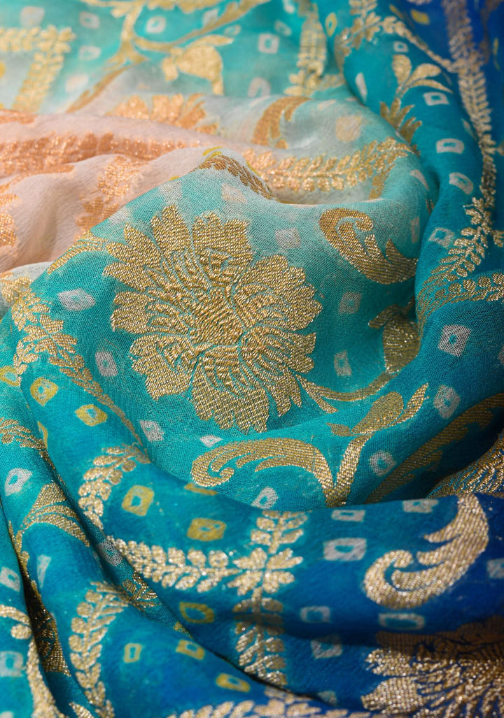 Shades of Blue and Beige ombre Georgette Pure Banarasi silk Saree | SILK MARK CERTIFIED