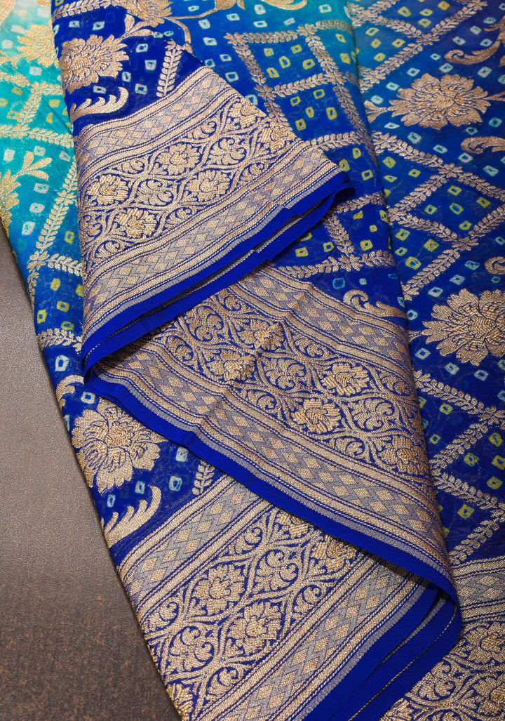 Shades of Blue and Beige ombre Georgette Pure Banarasi silk Saree | SILK MARK CERTIFIED