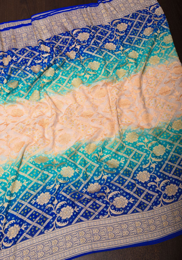 Shades of Blue and Beige ombre Georgette Pure Banarasi silk Saree | SILK MARK CERTIFIED