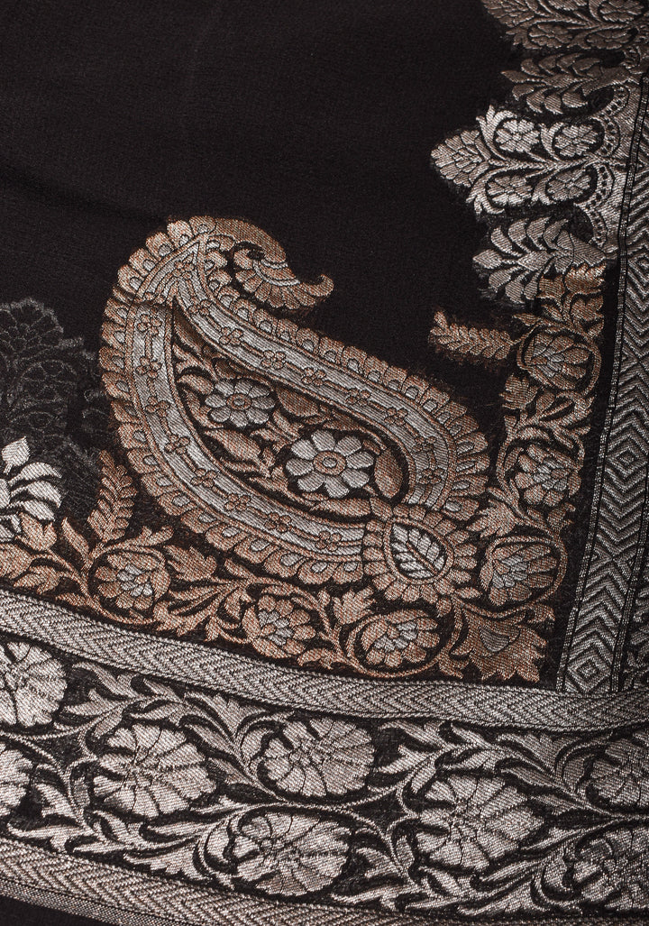 Sophisticated Black Banarasi Silk Chiffon Saree with Elegant Silver Zari Detailing