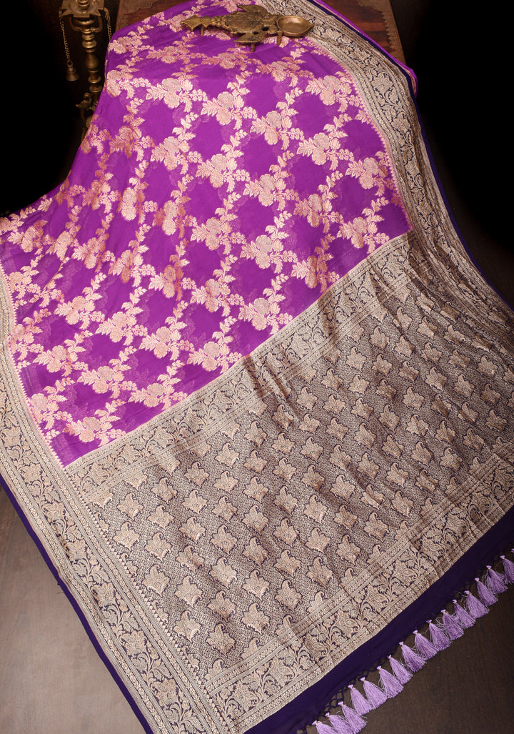 Purple Authentic Banarasi Silk Georgette Saree with Floral Jaal and Zari Border| SILK MARK CERTIFIED