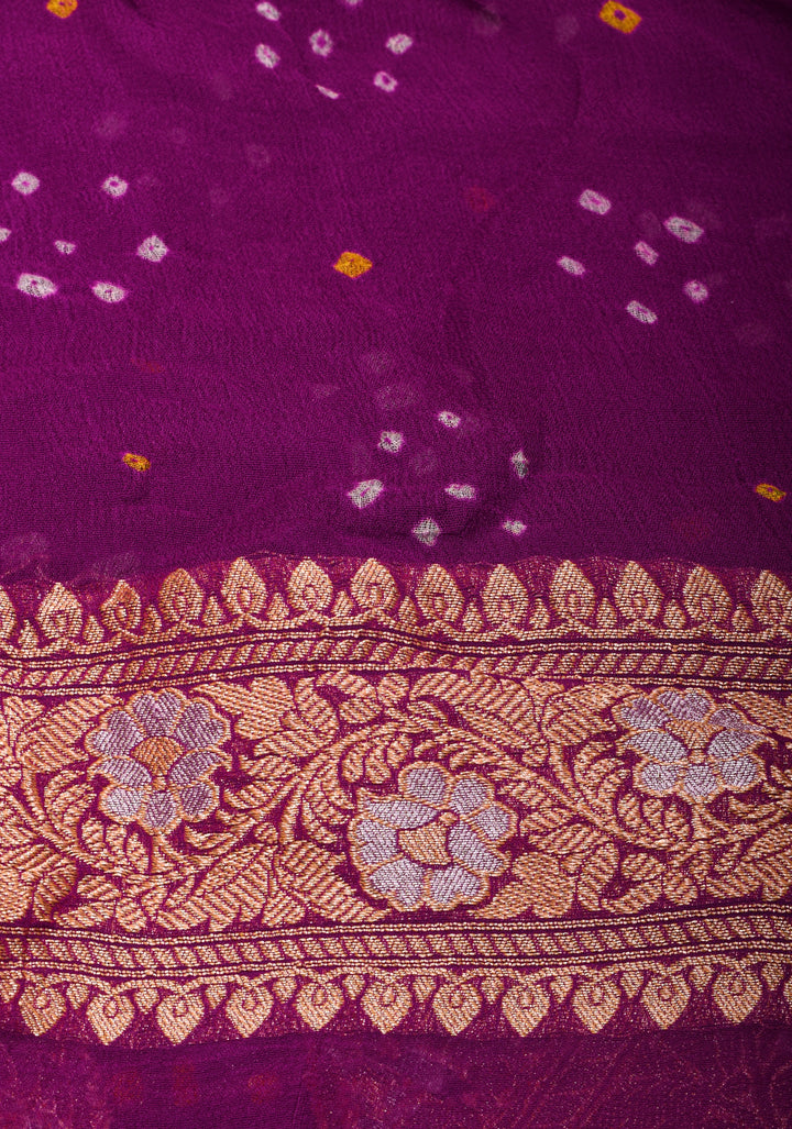Exquisite Purple Sarkam Bandhej on Pure Silk Banarasi Georgette Saree with Geometric Pattern  | SILK MARK CERTIFIED