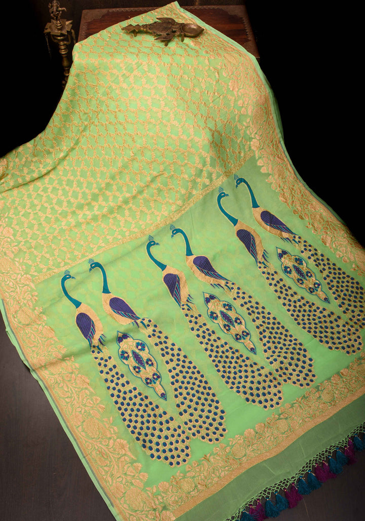 Green Banarasi Silk Georgette Saree with Jaal Zari and Resplendent Peacock Meenakari Pallu | SILK MARK CERTIFIED