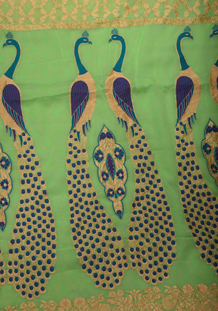 Green Banarasi Silk Georgette Saree with Jaal Zari and Resplendent Peacock Meenakari Pallu | SILK MARK CERTIFIED
